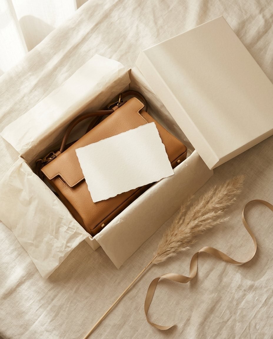 Pedido GIA LUXE empacado en caja crema con papel de seda y cinta