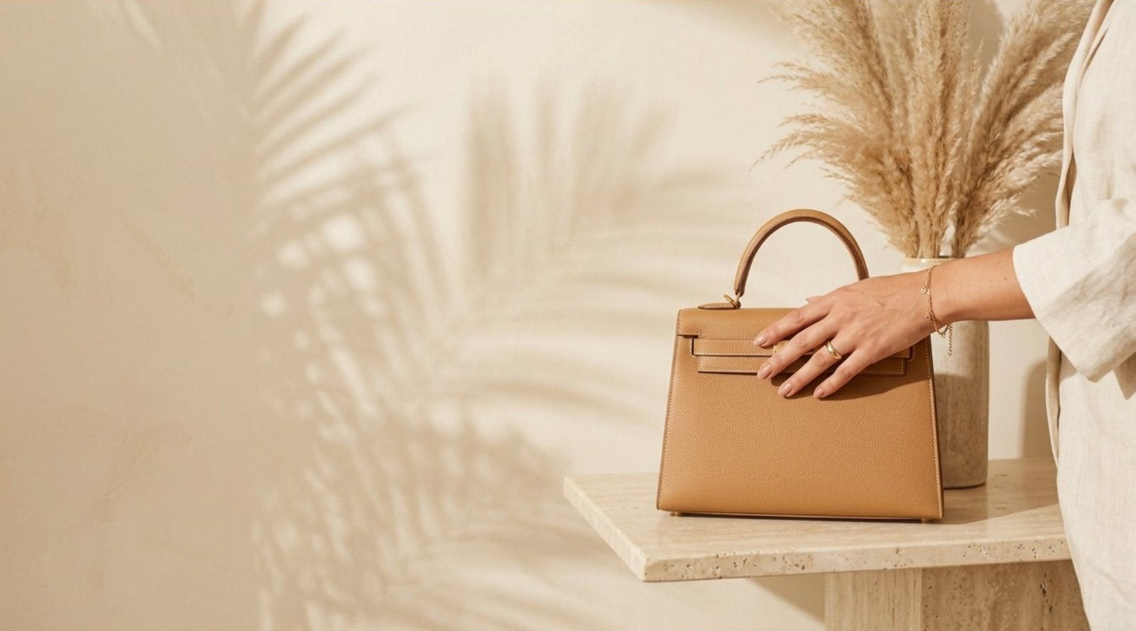 Cartera de cuero camel sobre consola de travertino — GIA LUXE boutique