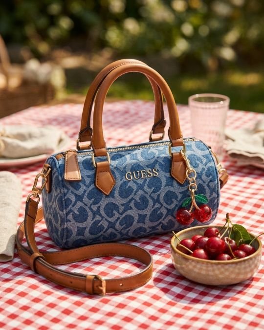 Cartera Guess Denim Monogram con Charm de Cerezas