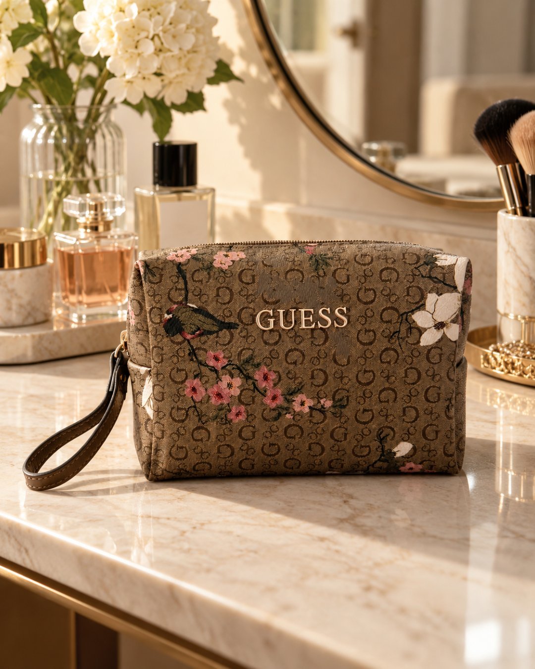 Neceser Guess Monogram Floral con Asa – Marrón